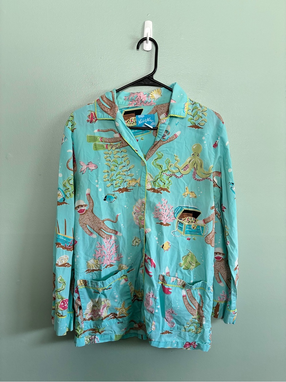 VTG Nick & Nora Sock Monkey Scuba Diving Ocean Button-Up Pajama Top Cotton Sz S